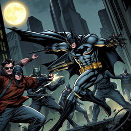 A dynamic scene of Batman in a dark, gritty Gotham City setting, engaged in a fierce battle with multiple criminals on the streets