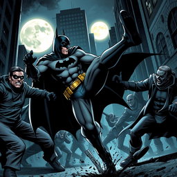 A dynamic scene of Batman in a dark, gritty Gotham City setting, engaged in a fierce battle with multiple criminals on the streets