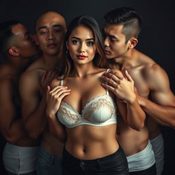 A group of Indonesian men with pure white skin are embracing a beautiful 28-year-old woman with a sturdy and sexy body from behind