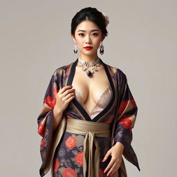 Full-body portrait of a 25-year-old Chinese supermodel, showcasing her confidence and class
