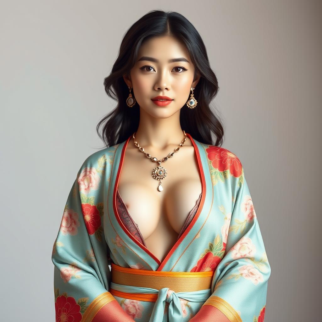 Full-body portrait of a 25-year-old Chinese supermodel, showcasing her confidence and class