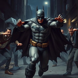 A realistic depiction of Batman engaged in a tense street fight with several criminals in a dark, urban Gotham City environment