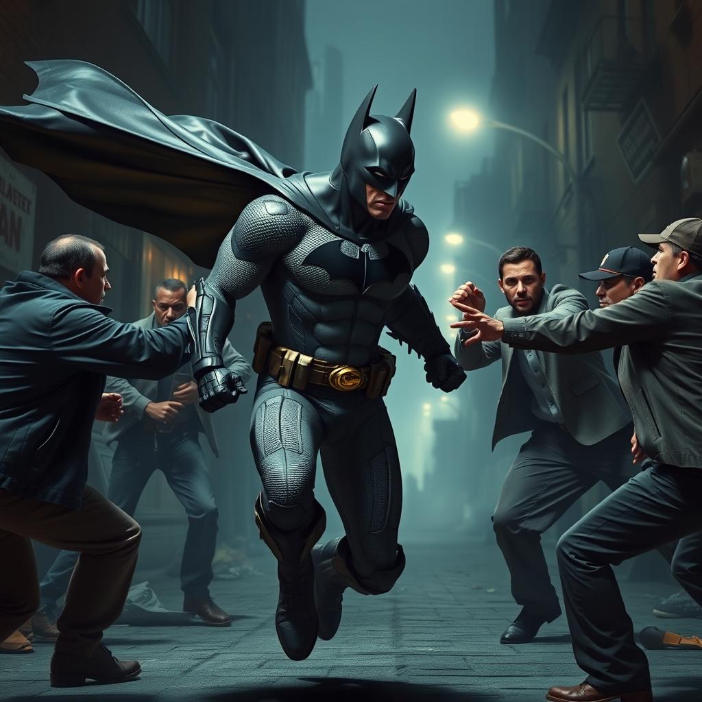 A realistic depiction of Batman engaged in a tense street fight with several criminals in a dark, urban Gotham City environment