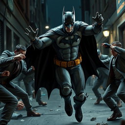 A realistic depiction of Batman engaged in a tense street fight with several criminals in a dark, urban Gotham City environment