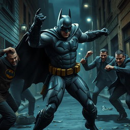 A realistic depiction of Batman engaged in a tense street fight with several criminals in a dark, urban Gotham City environment