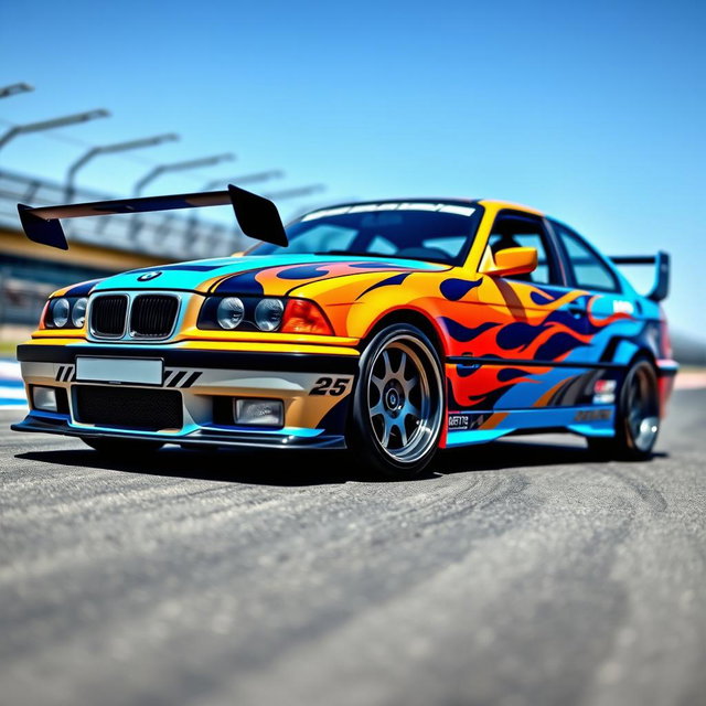 A striking design for a drift-themed livery on a BMW E36 TI