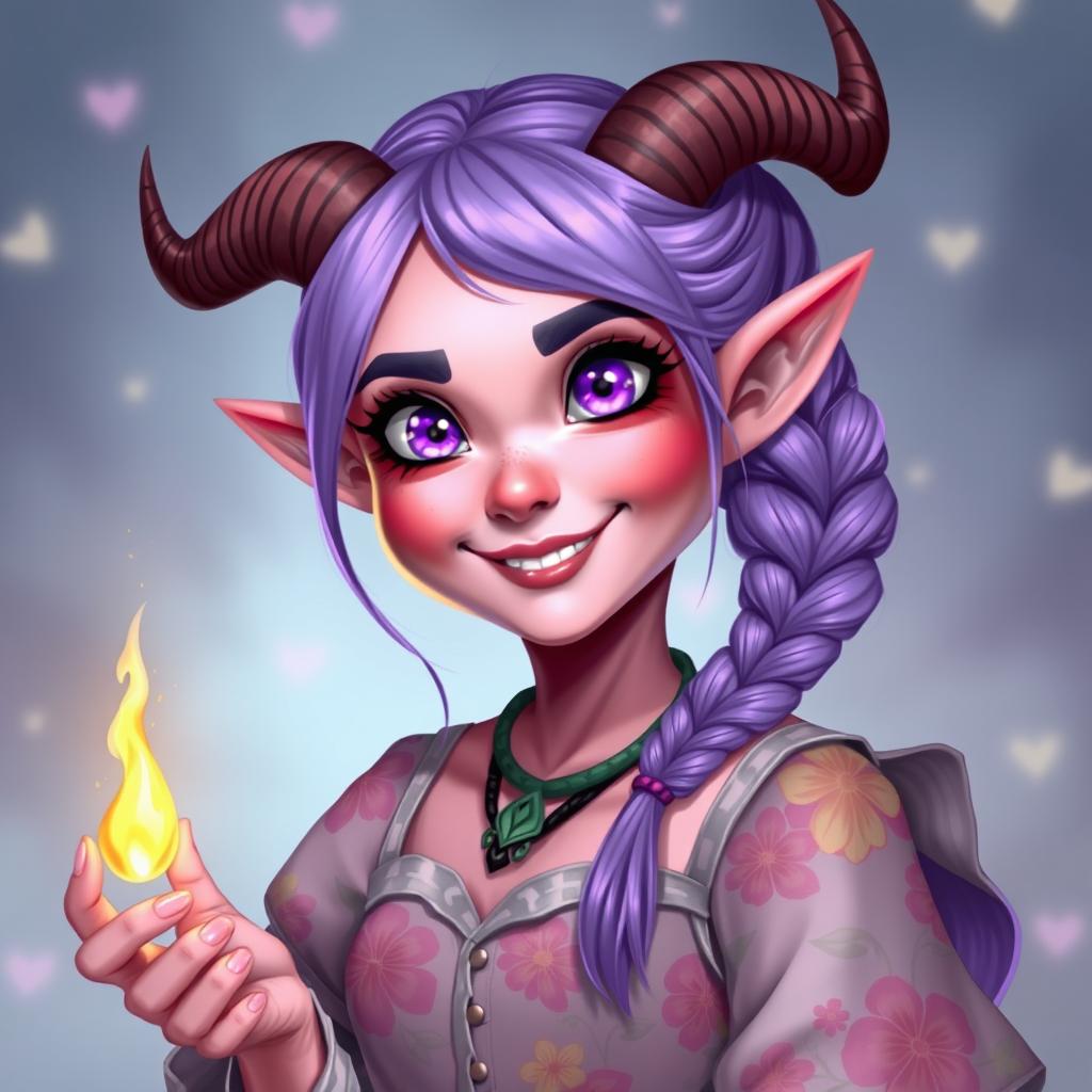 A chubby-cheeked, 18-year-old female tiefling with pink skin and large, expressive purple eyes