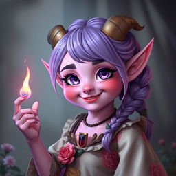 A chubby-cheeked, 18-year-old female tiefling with pink skin and large, expressive purple eyes