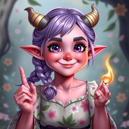 A chubby-cheeked, 18-year-old female tiefling with pink skin and large, expressive purple eyes