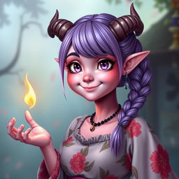 A chubby-cheeked, 18-year-old female tiefling with pink skin and large, expressive purple eyes