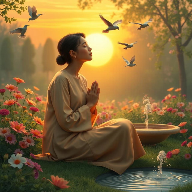 A serene and peaceful scene depicting a person in prayer, sitting in a tranquil garden filled with vibrant flowers and soft greenery