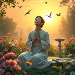 A serene and peaceful scene depicting a person in prayer, sitting in a tranquil garden filled with vibrant flowers and soft greenery