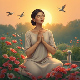 A serene and peaceful scene depicting a person in prayer, sitting in a tranquil garden filled with vibrant flowers and soft greenery