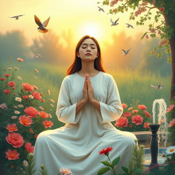 A serene and peaceful scene depicting a person in prayer, sitting in a tranquil garden filled with vibrant flowers and soft greenery