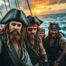A dynamic group of adventurous pirates, each with distinct and rugged features, showcasing various pirate attire
