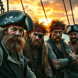 A dynamic group of adventurous pirates, each with distinct and rugged features, showcasing various pirate attire