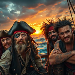 A dynamic group of adventurous pirates, each with distinct and rugged features, showcasing various pirate attire