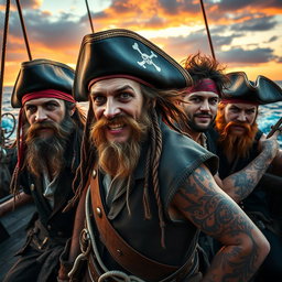 A dynamic group of adventurous pirates, each with distinct and rugged features, showcasing various pirate attire
