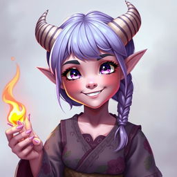 A youthful 18-year-old female tiefling character with chubby cheeks, pink skin, and striking purple eyes