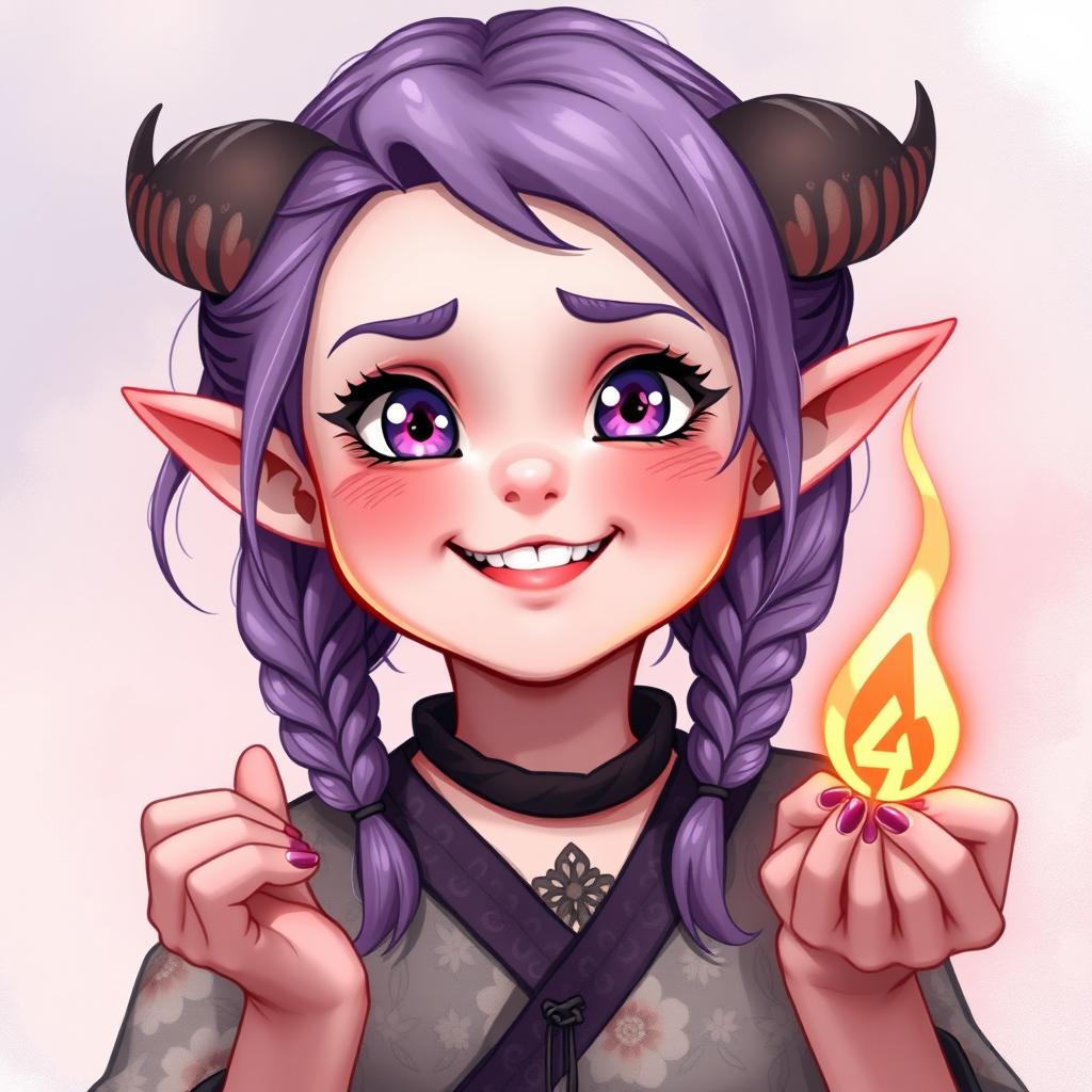 A youthful 18-year-old female tiefling character with chubby cheeks, pink skin, and striking purple eyes