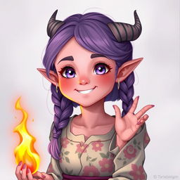 A youthful 18-year-old female tiefling character with chubby cheeks, pink skin, and striking purple eyes