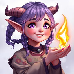 A youthful 18-year-old female tiefling character with chubby cheeks, pink skin, and striking purple eyes