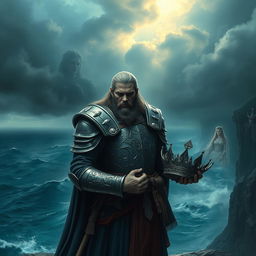 A majestic warrior king, dressed in ornate armor, stands solemnly on a windswept cliff overlooking a stormy sea