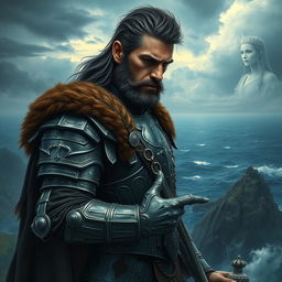 A majestic warrior king, dressed in ornate armor, stands solemnly on a windswept cliff overlooking a stormy sea
