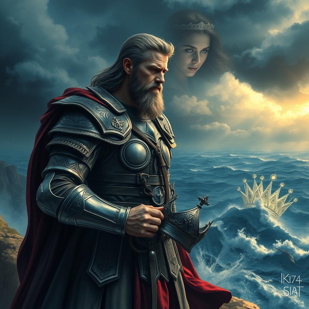 A majestic warrior king, dressed in ornate armor, stands solemnly on a windswept cliff overlooking a stormy sea