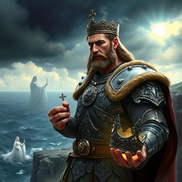A majestic warrior king, dressed in ornate armor, stands solemnly on a windswept cliff overlooking a stormy sea