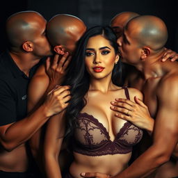 A group of Indonesian men with pure white skin are intimately hugging a beautiful 28-year-old woman with a sturdy and sexy body from behind, expressing both affection and an intimidating presence