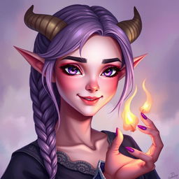 A 21-year-old female tiefling with pink skin and purple eyes, featuring lilac purple hair that is loosely braided