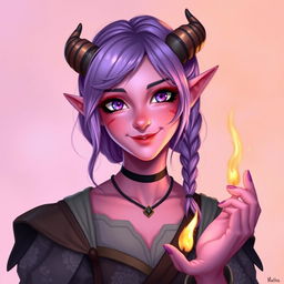 A 21-year-old female tiefling with pink skin and purple eyes, featuring lilac purple hair that is loosely braided