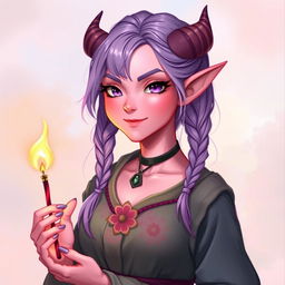 A 21-year-old female tiefling with pink skin and purple eyes, featuring lilac purple hair that is loosely braided
