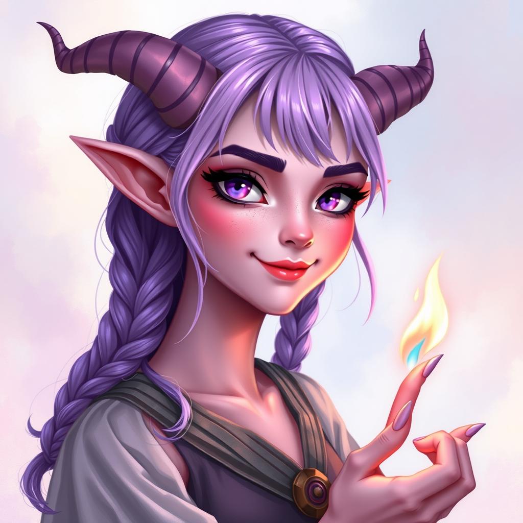 A 21-year-old female tiefling with pink skin and purple eyes, featuring lilac purple hair that is loosely braided