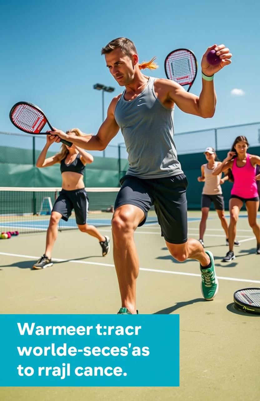 A fitness coach demonstrating warm-up and stretching exercises specifically tailored for padel players