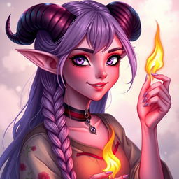 A 21-year-old female tiefling character with pink skin and stunning purple eyes