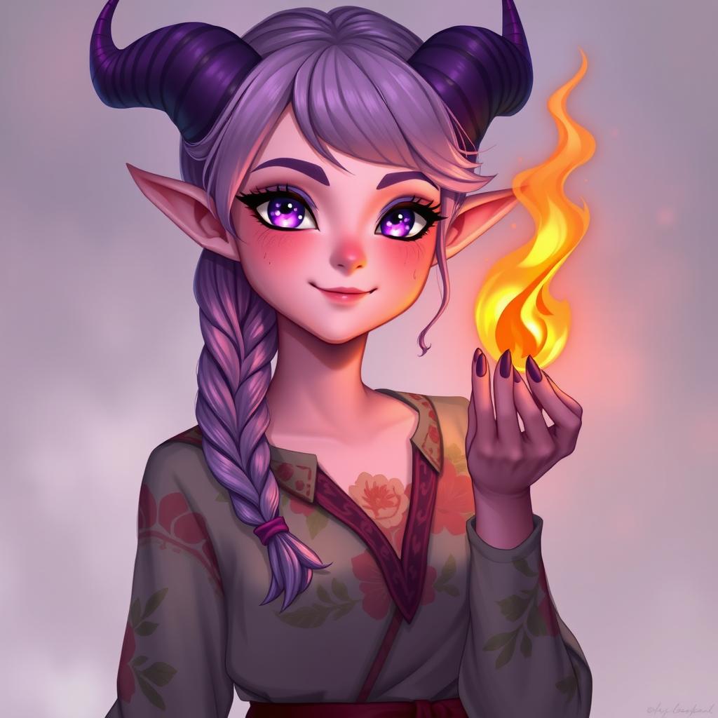 A 21-year-old female tiefling character with pink skin and stunning purple eyes