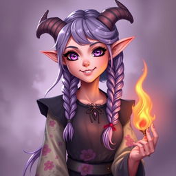 A 21-year-old female tiefling character with pink skin and stunning purple eyes
