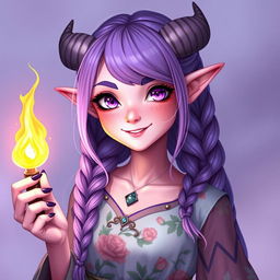 A 21-year-old female tiefling character with pink skin and stunning purple eyes
