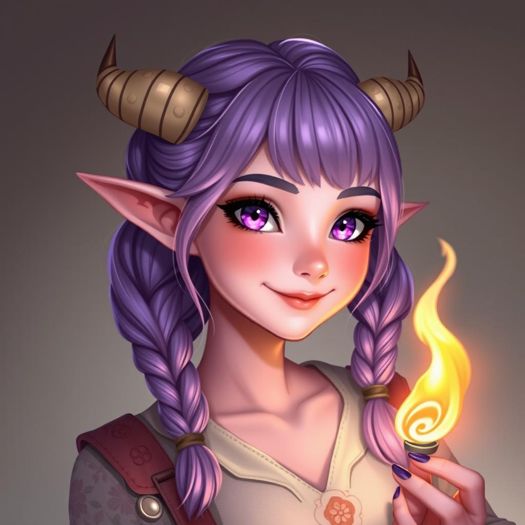 A delightful portrait of a 21-year-old female tiefling with pink skin and striking purple eyes