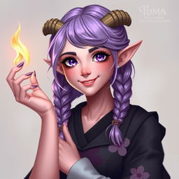 A delightful portrait of a 21-year-old female tiefling with pink skin and striking purple eyes