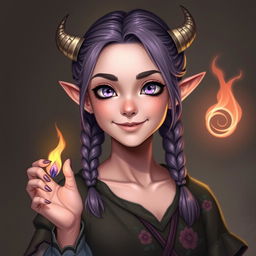 A delightful portrait of a 21-year-old female tiefling with pink skin and striking purple eyes
