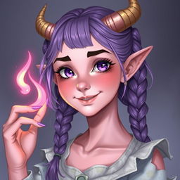 A delightful portrait of a 21-year-old female tiefling with pink skin and striking purple eyes