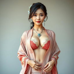 A full-body portrait of a stunning, sexy, 25-year-old Chinese supermodel with a fit body and big perky breasts