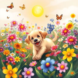 A playful and whimsical scene depicting a vibrant garden filled with an array of colorful flowers in full bloom, surrounded by a playful puppy joyfully exploring the garden