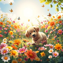 A playful and whimsical scene depicting a vibrant garden filled with an array of colorful flowers in full bloom, surrounded by a playful puppy joyfully exploring the garden