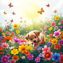 A playful and whimsical scene depicting a vibrant garden filled with an array of colorful flowers in full bloom, surrounded by a playful puppy joyfully exploring the garden