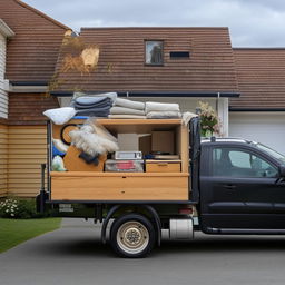 A robust removal truck full of various household items, set against a suburban backdrop, ready for a long-distance move.