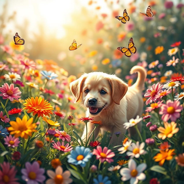 A playful and whimsical scene depicting a vibrant garden filled with an array of colorful flowers in full bloom, surrounded by a playful puppy joyfully exploring the garden